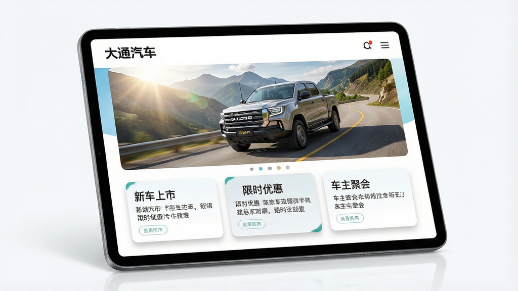 一张展示大通汽车APP资讯活动页面的概念图,主体为一部横屏平板设备展示新闻列表与活动横幅,屏幕顶部有