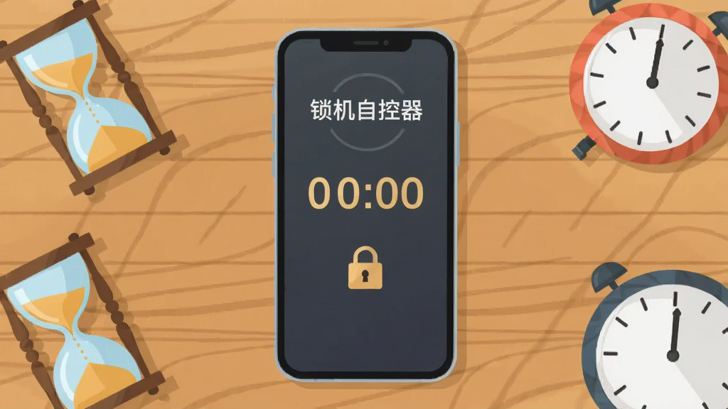 一部手机平放在木纹桌面上,屏幕显示“锁机自控器”的倒计时锁定画面,周围有沙漏、时钟等时间元素点缀,主体为手机与锁屏界面,布局居中对称,风格扁平化插画,细节包括数字倒计时和锁形图标,画质清晰,干净,无多余元素。