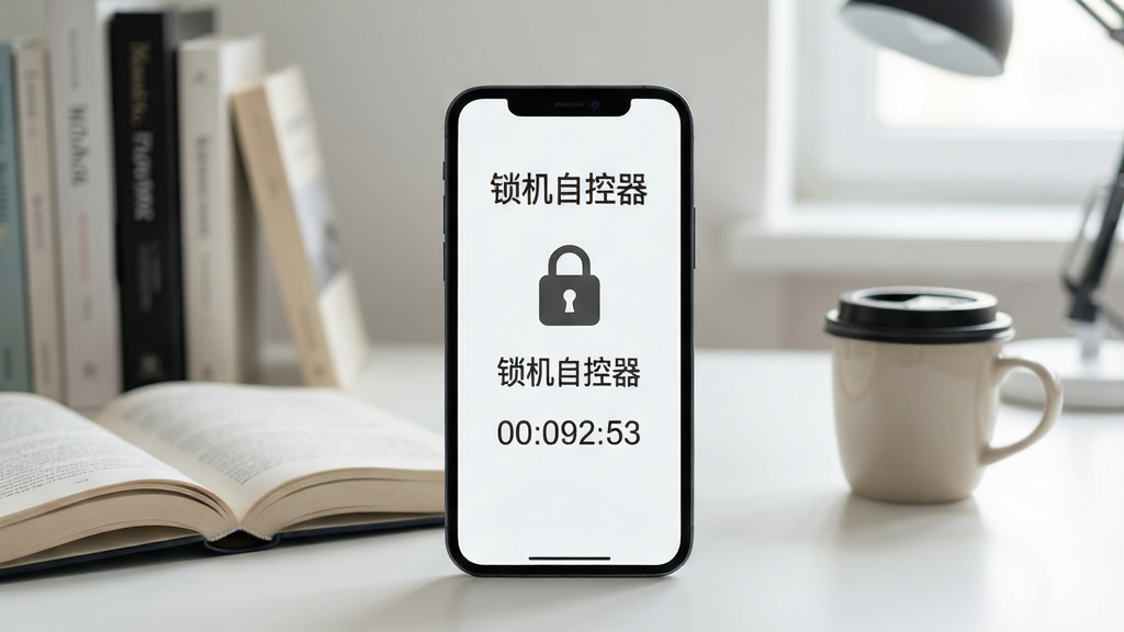 画面中央放置一部智能手机,屏幕显示“锁机自控器”界面,背景为简约书房环境,书桌上散落书本与咖啡杯,主体突出手机与软件名称,布局采用三分法构图,风格写实清新,细节包含屏幕上的锁形图标与倒计时数字,画质清晰,干净,无多余元素。