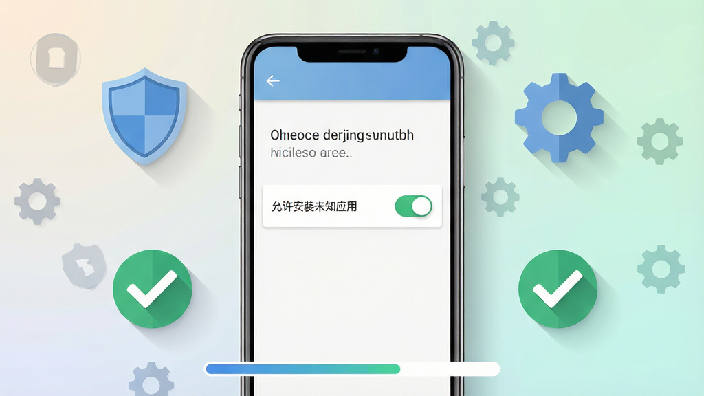 一幅展示手机游戏安装设置界面的示意图。主体是一部智能手机,屏幕上显示着权限管理页面,有“允许安装未知应用”的开关按钮。布局为手机居中,周围环绕着盾牌、齿轮、勾选标记等图标。排版上,画面底部有进度条。风格为扁平化科技风,细节包括清晰的图标阴影、柔和的背景渐变。画质要求2K,干净,无多余元素,画面中不出现任何文字。