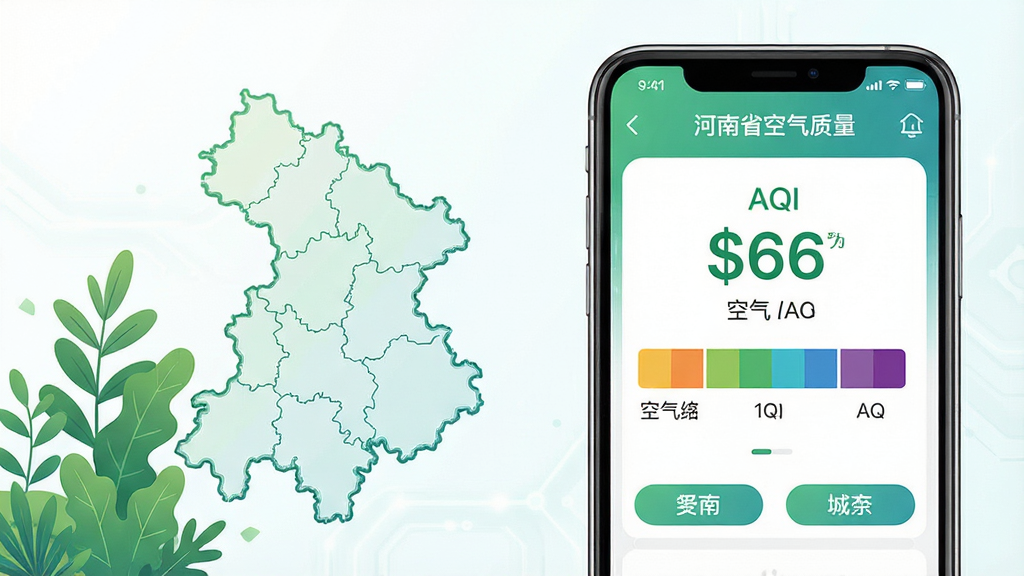 主体为一部智能手机,屏幕上显示空气质量监测应用界面,布局为手机居中偏右,左侧为河南省地图轮廓与绿色植物元素,排版采用上下分区,风格为清新科技感,细节包括屏幕上的AQI指数数字、彩色空气等级色块、城市名称标签,画质为高清4K,画面干净,无多余元素,屏幕上文字显示