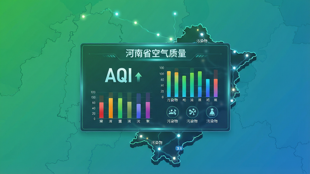 主体为一块悬浮的数字化空气质量数据面板,布局为面板居中,四周环绕河南省地图轮廓与城市光点,排版为上下结构,风格为科技数据可视化,细节包括AQI数字、彩色柱状图、污染物图标、绿色与蓝色渐变背景,画质为高清,画面干净,无多余元素,面板上文字显示