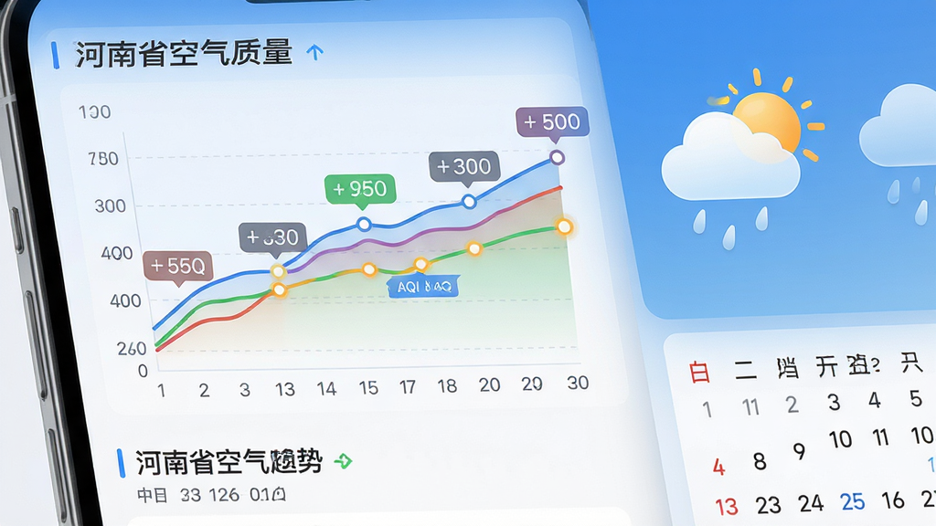 主体为空气质量趋势折线图界面,布局为手机屏幕居中偏左,右侧为天气图标与日历元素,排版为图表在上、文字在下的结构,风格为现代简约,细节包括彩色折线、AQI数值标签、日期刻度、云朵与太阳图标,画质为高清,画面干净,无多余元素,屏幕上文字显示
