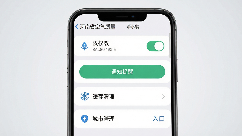 主体为手机屏幕显示空气质量应用设置界面,布局为手机居中,背景为淡灰色渐变,排版为列表式选项,风格为简约实用,细节包括定位权限开关、通知提醒按钮、缓存清理选项、城市管理入口,画质为高清,画面干净,无多余元素,屏幕上文字显示