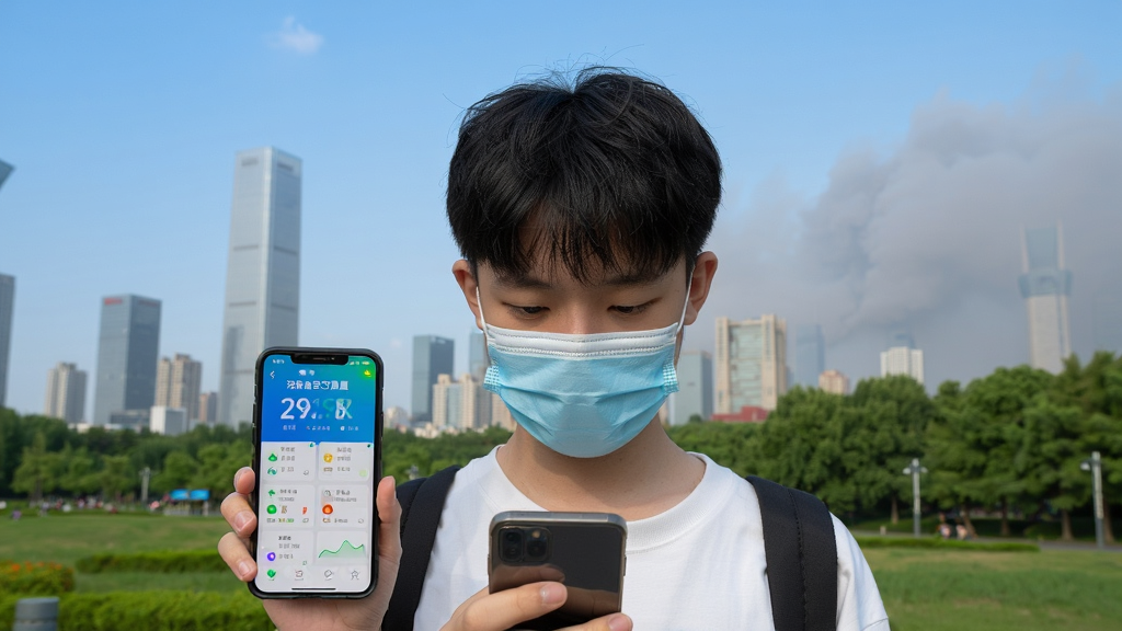 主体为一位戴口罩的年轻人在城市公园中查看手机,布局为人物居中,背景为城市天际线与绿色树木,排版为人物在前、环境在后,风格为生活写实,细节包括手机屏幕上的空气质量界面、口罩、蓝天与灰色雾霾对比,画质为高清,画面干净,无多余元素,手机屏幕上文字显示