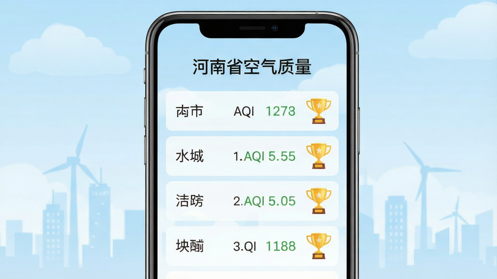 主体为城市空气质量排行榜界面,布局为手机屏幕居中,背景为淡蓝色天空与城市剪影,排版为列表式,风格为简约清新,细节包括城市名称、AQI数值、排名序号、金色奖杯图标,画质为高清,画面干净,无多余元素,屏幕上文字显示