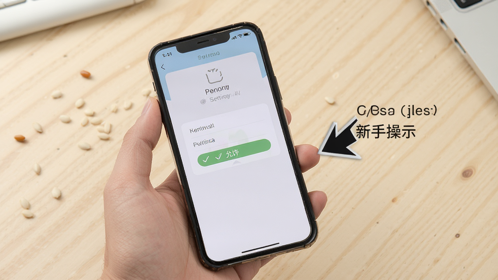 饭粒有鱼新手操作示意图,画面中一只手拿着手机,屏幕上显示安装权限设置界面,旁边有箭头指向“允许”按钮,背景为浅色桌面,风格写实清晰,画质干净