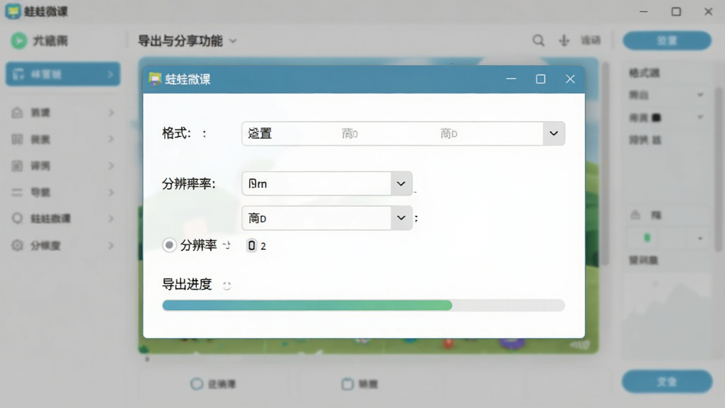 蛙蛙微课导出与分享功能界面,画面中为导出设置窗口,包含格式选择、分辨率选项与导出进度条,背景为软件主界面,风格为简洁工具风,色调清爽,画质清晰,窗口标题显示“蛙蛙微课”