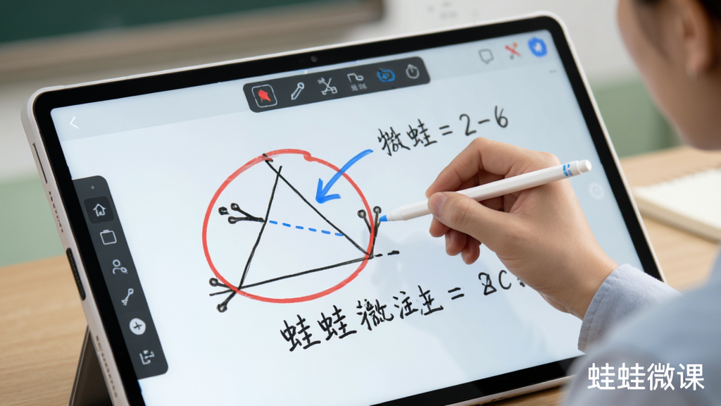 蛙蛙微课手写批注功能演示,画面为一名教师正在使用触控笔在屏幕上标注数学几何图形,屏幕上有红色圆圈、蓝色箭头和手写文字,界面中显示批注工具栏,风格为教育科技风,色调柔和,细节丰富,画质高清,画面角落标注“蛙蛙微课”
