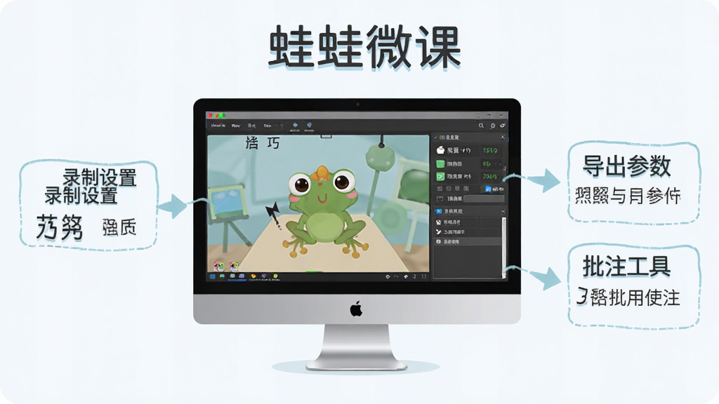 蛙蛙微课使用技巧示意图,画面中为电脑屏幕显示软件操作界面,旁边有标注文字说明录制设置、导出参数与批注工具的使用方法,风格为信息图风格,色调清晰,布局整齐,画质干净,画面中包含“蛙蛙微课”字样