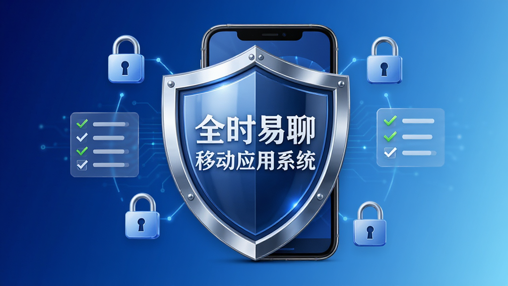 画面主体为一把盾牌与手机组合的图标,盾牌上标注“全时易聊移动应用系统”安全防护字样,周围环绕锁形图标与权限勾选列表;布局为居中对称,背景为深蓝到浅蓝渐变;风格为安全科技风,细节上盾牌带有光泽质感,画质高清,干净,无多余元素