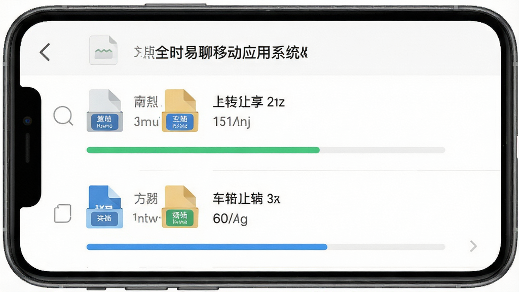 画面展示手机屏幕中文件传输界面,列表显示多个文档图标与上传进度条,顶部标注“全时易聊移动应用系统”文件共享页面;布局为上下结构,背景为白色;风格为清爽扁平风,细节上文件图标带有格式标识与大小信息,画质清晰,干净,无多余元素