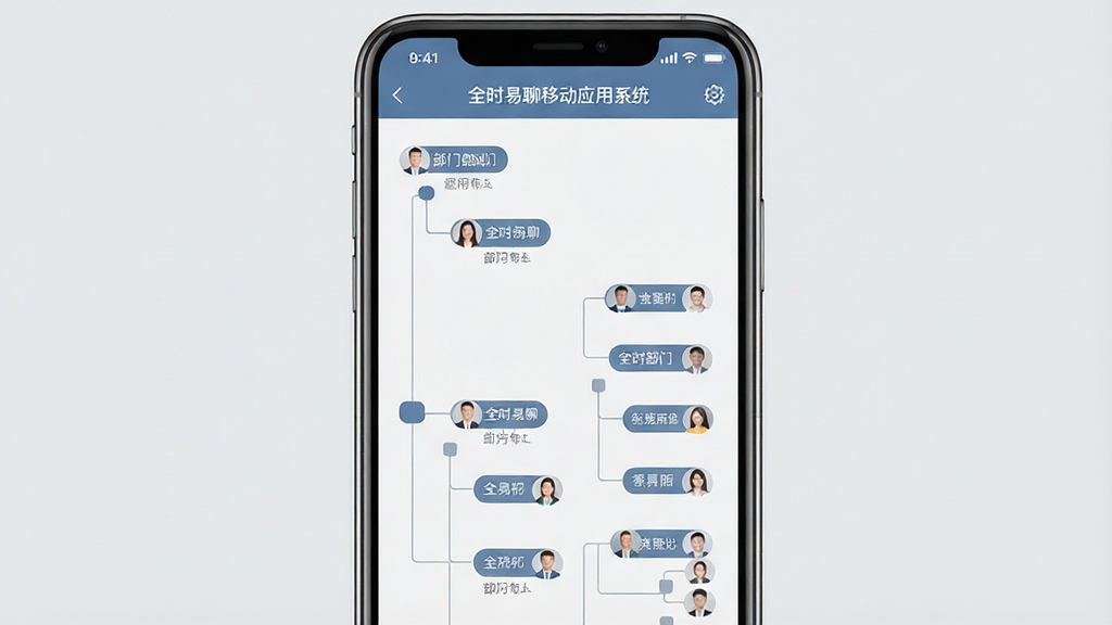 画面中央为手机屏幕,屏幕内呈现树状组织架构图,节点上标注部门名称与人员头像,屏幕上方显示“全时易聊移动应用系统”通讯录界面;布局为纵向树形结构,背景为浅灰色;风格为极简商务风,细节上节点连线清晰,画质干净,无多余元素