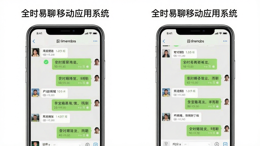 画面主体为两部手机并排展示,左侧手机显示群聊对话列表,右侧手机显示同一会话的同步界面,屏幕上方标注“全时易聊移动应用系统”字样;布局为左右对比式,背景为纯白,风格简洁明快;细节上消息气泡带有已读标记与时间戳,画质清晰,干净,无多余元素