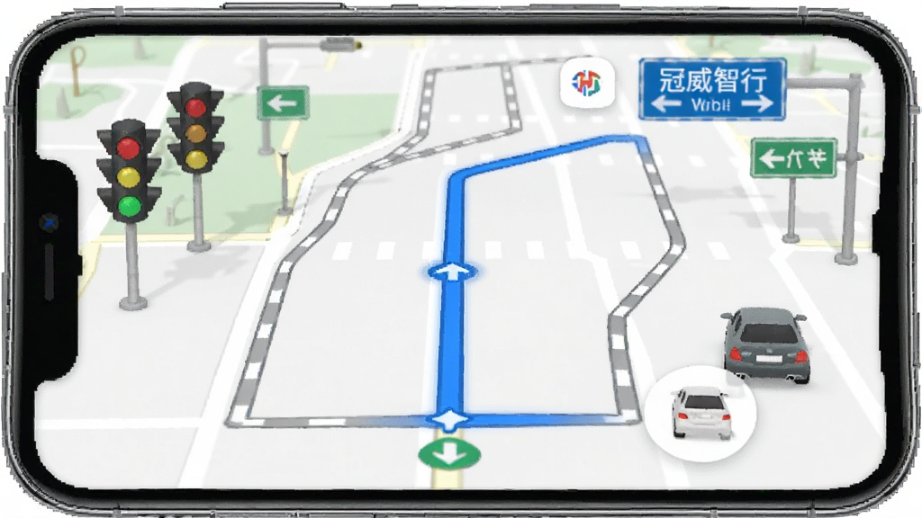 一张展示智能路线规划功能的场景图,画面以手机地图界面为主体,屏幕上显示多条可选路线,其中一条以高亮蓝色标注为推荐路线,周围有红绿灯、汽车、道路指示牌等元素,整体风格简洁明快,画质清晰,图片中可出现文字“冠威智行”