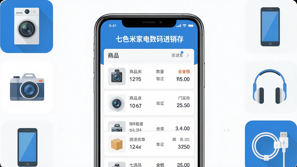 画面中央是一部智能手机,屏幕上显示“七色米家电数码进销存”的库存管理界面,界面中包含商品列表、数量、金额等数据卡片。手机周围以扁平化图标环绕布局,展示家电、数码相机、手机、耳机、数据线等商品元素。整体采用蓝白商务配色,风格简洁现代,排版清晰,细节精致,画面干净无多余元素,高清画质,适合软件下载站展示。