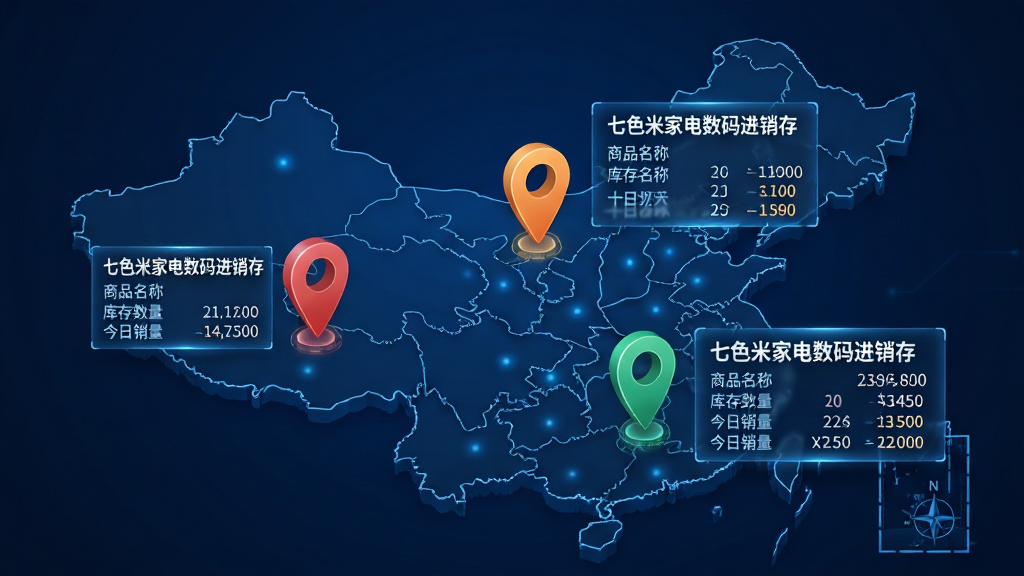 画面以一张中国地图轮廓为背景,地图上分布着三个不同颜色的定位图标,分别代表三家门店。每个定位图标旁以浮动卡片形式展示“七色米家电数码进销存”的库存数据,包括商品名称、库存数量和今日销量。整体采用深蓝科技风,布局居中对称,数据卡片带有微光效果,细节精致,画质高清,画面干净整洁。