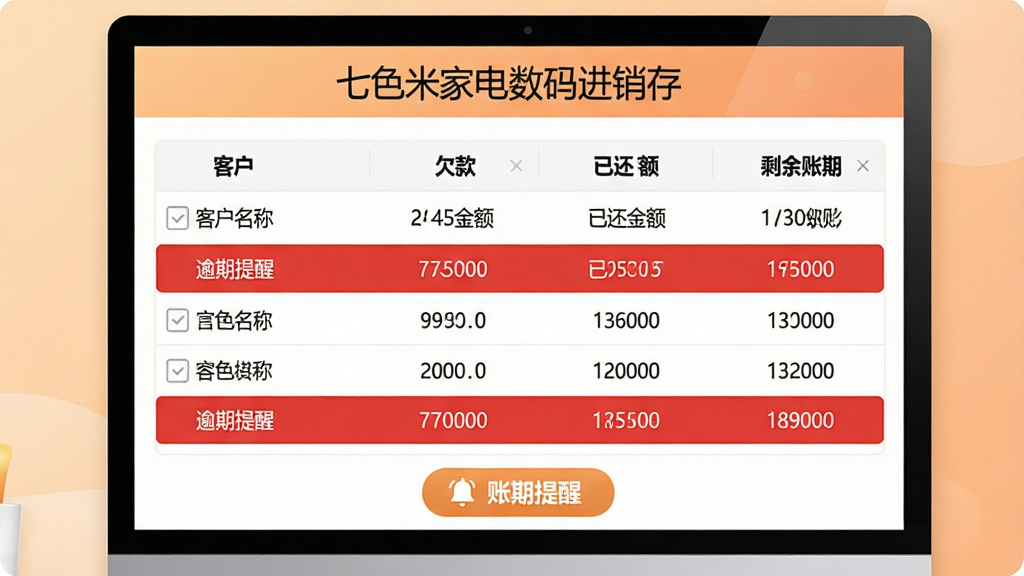 画面中心展示“七色米家电数码进销存”的客户对账界面,界面中列出客户名称、欠款金额、已还金额和剩余账期,部分条目以红色高亮显示逾期提醒。界面下方有一个铃铛图标和“账期提醒”按钮。背景为柔和的浅橙色渐变,整体风格温暖商务,排版上下结构,细节清晰,高清画质,无杂乱元素。