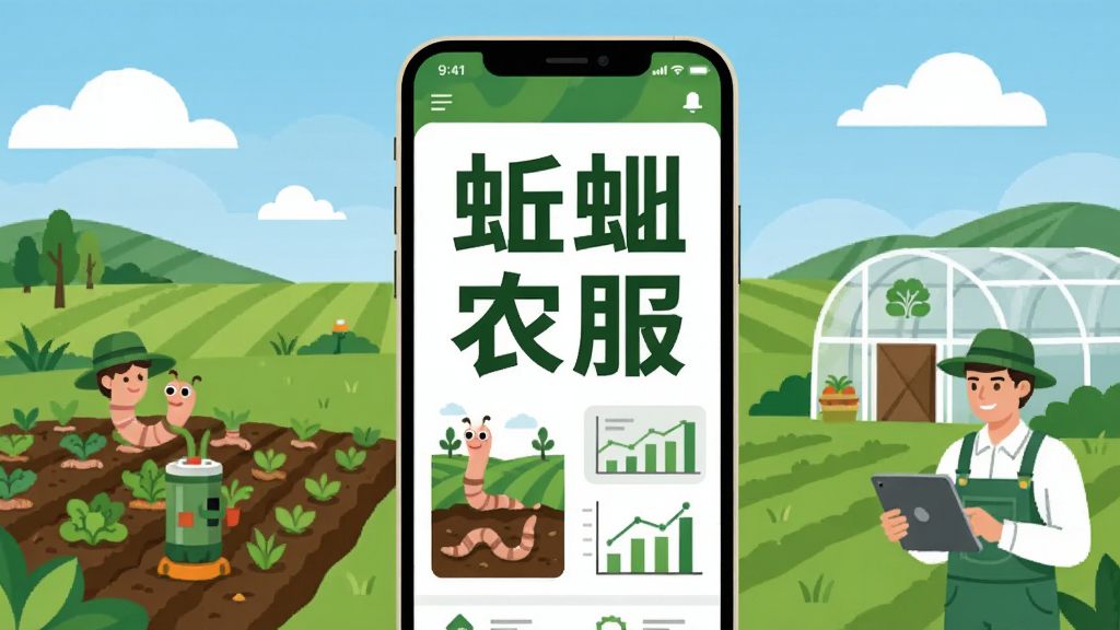 一幅现代农业主题的横版插画,画面中央是一部智能手机,手机屏幕上显示“蚯蚓农服”四个大字的App界面,界面中包含农田、蚯蚓、土壤、数据图表等元素。手机两侧分布着农田、温室大棚、农技人员手持平板的场景,背景为蓝天白云与绿色田野。整体采用扁平化插画风格,色彩以绿色、棕色、白色为主,画面干净整洁,构图居中对称,画质清晰,无多余杂乱元素。