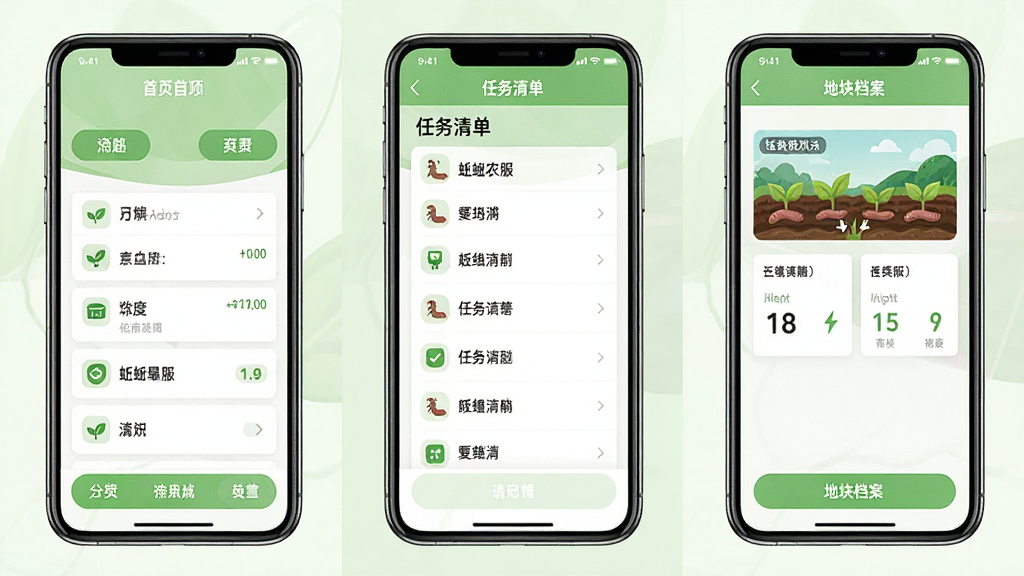 一幅展示“蚯蚓农服”App操作流程的示意图,画面分为三部分,左侧为手机界面首页,中间为任务清单页面,右侧为地块档案页面。整体采用浅绿色与白色搭配的清爽风格,界面元素包括按钮、列表、图标与数据卡片,布局整齐,画质清晰,无多余文字与装饰。