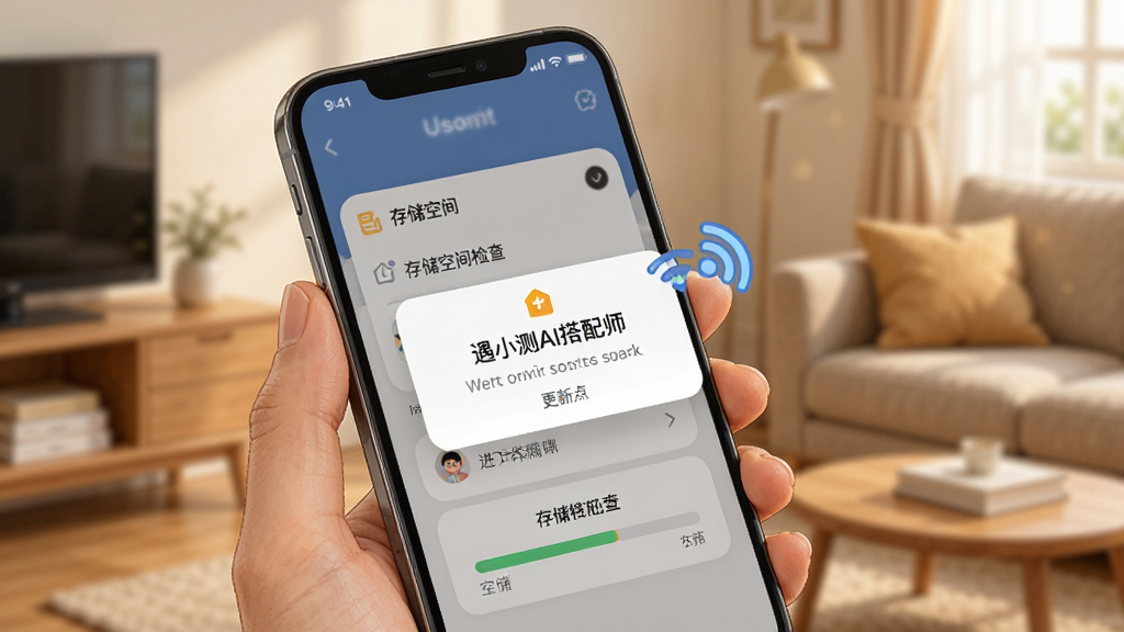 一幅手机使用场景插画,画面中一只手拿着手机,手机屏幕上显示“遇小测AI搭配师”的更新提示弹窗和存储空间检查界面,旁边有WiFi图标和存储空间进度条,背景为居家环境,风格写实温馨,细节清晰,画质干净,无多余元素