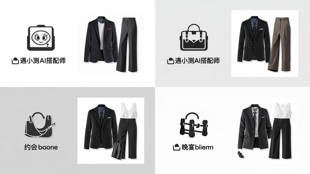 一幅场景化穿搭展示图,画面分为四个区域,分别展示“遇小测AI搭配师”为职场、约会、运动和晚宴场景推荐的服装搭配,每个区域有对应的场景图标和服装搭配缩略图,背景为简洁的白色与浅灰色拼接,风格清新商务,细节清晰,画质干净,无多余元素
