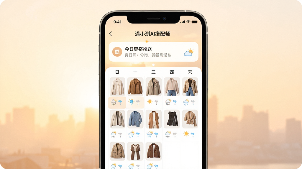 一幅每日穿搭日历界面展示图,画面中央是手机屏幕,屏幕中显示“遇小测AI搭配师”的穿搭日历页面,日历上每一天有服装搭配缩略图和天气图标,顶部有今日穿搭推送通知,背景为柔和的晨光色调,风格温暖清新,细节清晰,画质干净,无多余元素