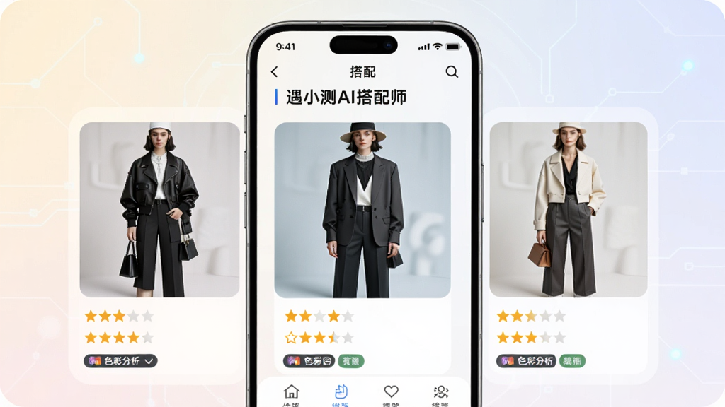 一幅AI智能搭配界面展示图,画面中央是手机屏幕,屏幕中显示“遇小测AI搭配师”的AI搭配结果页面,包含三套不同风格的服装组合缩略图,每套搭配旁有评分星级和色彩分析标签,背景为柔和的浅色渐变,风格科技感与时尚感结合,细节清晰,画质干净,无多余元素
