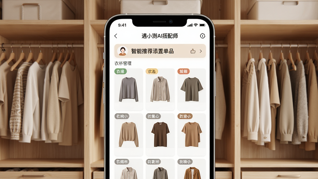 一幅电子衣橱管理界面展示图,画面中央是手机屏幕,屏幕中显示“遇小测AI搭配师”的衣橱管理页面,衣物以网格形式整齐排列,每件衣物有分类标签,顶部有智能推荐添置单品的提示条,背景为浅木色衣橱场景,风格温馨实用,细节丰富,画质干净,无多余元素