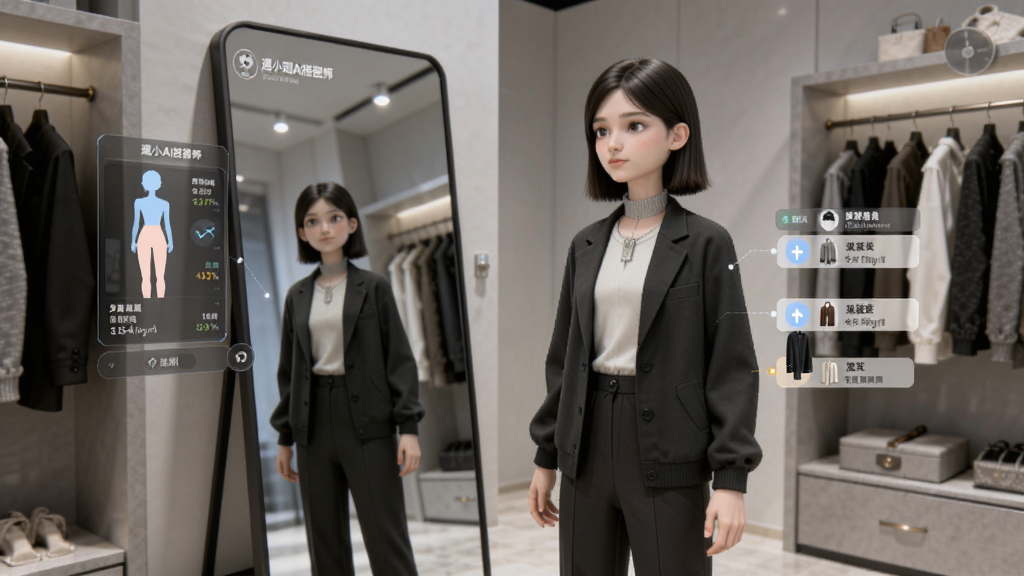 一幅虚拟试衣功能展示图,画面中一位虚拟人物模特站在试衣镜前,身上穿着由“遇小测AI搭配师”推荐的服装搭配,旁边有悬浮的身材数据面板和服装信息标签,背景为现代简约的试衣间,风格写实偏科技感,细节精致,画质干净,无多余元素