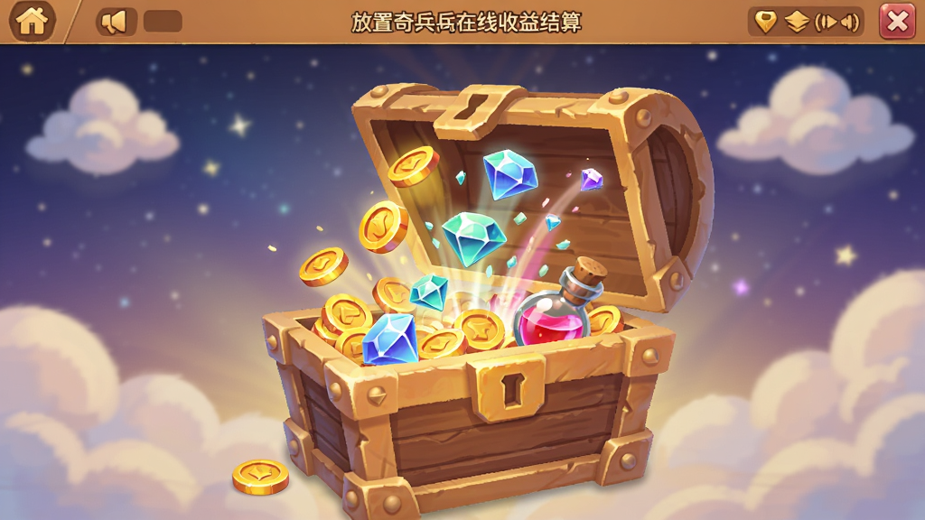 放置奇兵离线收益结算界面,画面中一个巨大的宝箱缓缓打开,金币、钻石、经验药水如喷泉般涌出,背景是柔和的星空与漂浮的云朵,UI界面简洁明了,采用暖色调的卡通风格,细节精致,画质高清,干净无多余元素
