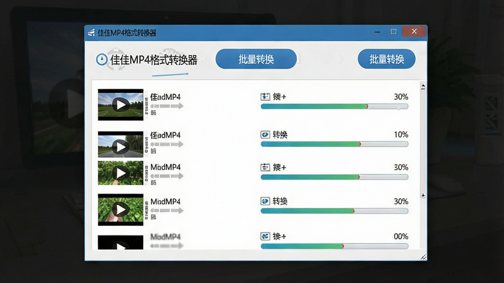 一张展示佳佳MP4格式转换器批量转换功能的界面图,画面中软件窗口内列出多个视频文件,每个文件后方显示转换进度条,顶部有“批量转换”按钮,界面风格简洁明快,标注“佳佳MP4格式转换器”字样,画质清晰,干净,无多余元素
