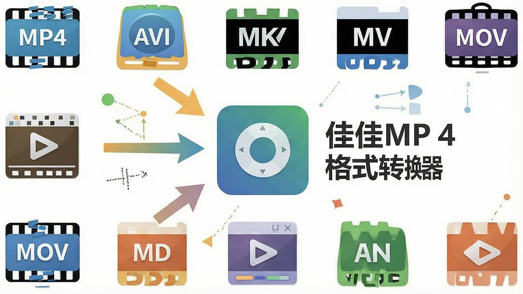 一张展示佳佳MP4格式转换器多格式转换功能的示意图,画面中排列着多个视频格式图标如MP4、AVI、MKV、MOV等,箭头指向中央的软件图标,软件图标旁标注“佳佳MP4格式转换器”,风格为扁平化信息图,配色清爽,细节清晰,画质干净,无多余元素