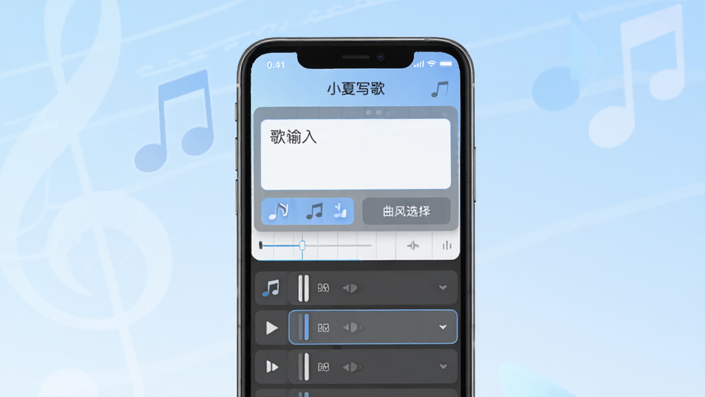 软件主界面截图,画面中央展示手机屏幕,屏幕内显示“小夏写歌”应用界面,包含旋律编辑区、歌词输入框与曲风选择按钮,背景为柔和的淡蓝色渐变,风格简洁清新,细节包括音符图标、播放按钮、轨道条,画质清晰,干净,无多余元素