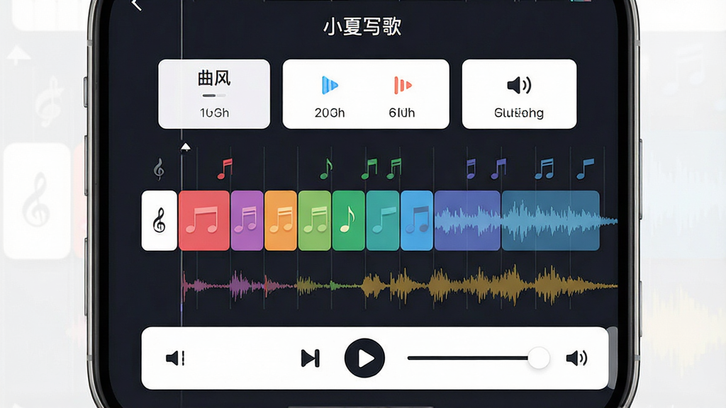 手机屏幕中显示“小夏写歌”应用内的旋律生成界面,画面主体为音符轨道与波形图,布局上旋律轨道占据屏幕中央,排版为上下结构,上方为曲风选择卡片,下方为播放控制条,风格为现代扁平化设计,细节包括彩色音符块、节拍标记、音量滑块,画质清晰,干净,无多余元素