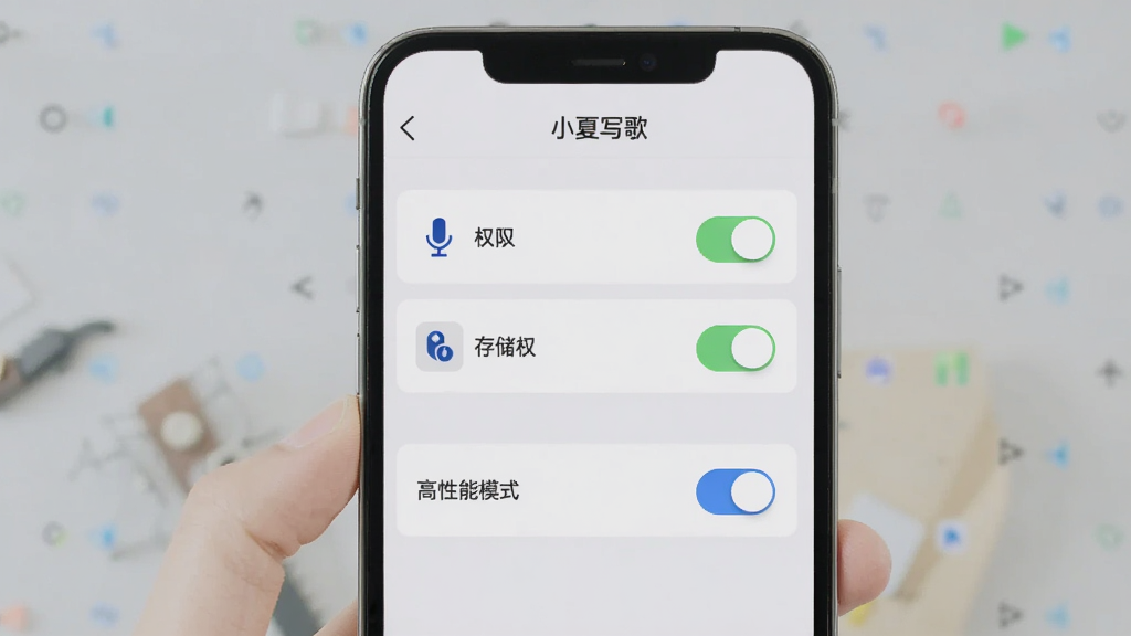 手机屏幕中展示“小夏写歌”设置页面,画面主体为权限开关与音频模式选项,布局为列表式排版,风格为浅灰色商务风,细节包括麦克风权限图标、存储权限图标、高性能模式开关,画质清晰,干净,无多余元素