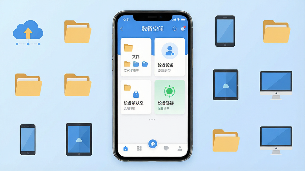 һ��չʾ���ǿռ����������ȫ��ͼ����������Ϊ�ֻ���Ļ����Ļ����ʾ���ǿռ�APP����ҳ���֣������ļ����࿨Ƭ���豸����״̬ͼ����ײ�������������Ϊǳ��ɫ���䣬��Χ�������ƴ洢���ļ��С��ֻ���ƽ�塢���Եȱ�ƽ��ͼ�꣬���������ִ����Ű���жԳƣ�ϸ�����������ʸɾ����޶���Ԫ�أ�ͼ������Ϊ�����ǿռ䡱