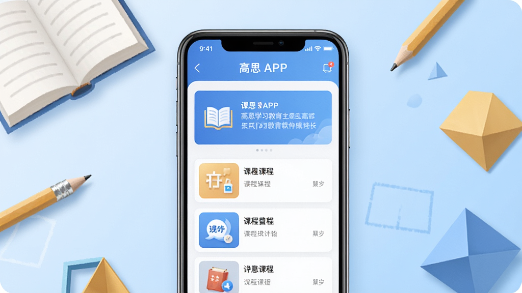 ��˼ѧϰ��������������չʾͼ�������������һ�������ֻ����ֻ���Ļ��ʾ��˼APP�Ŀγ��б�ҳ�棬����Ϊ����ɫ���䣬��Χ��׺�鱾��Ǧ�ʡ�����ͼ�ε�ѧϰԪ�أ����������¼�࣬����ɾ��޶���װ�Σ����廭��
