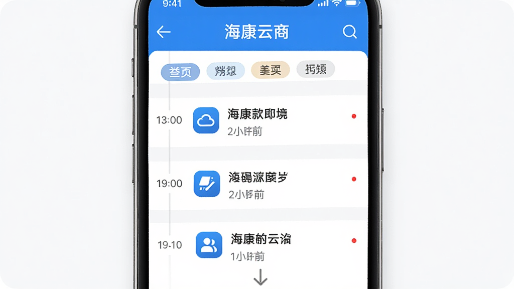 ����������Ϣ���Ľ��棬����Ϊ�ֻ���Ļ��ʾ֪ͨ�б����������С��������̡����֣�����Ϊʱ����ʽ���У�ÿ����Ϣ����ͼ�ꡢ���⡢ʱ�䣬���Ϊ����칫��Ӧ�ã�ϸ����δ����㡢�����ǩҳ������ˢ����ʾ�������������ɾ�����