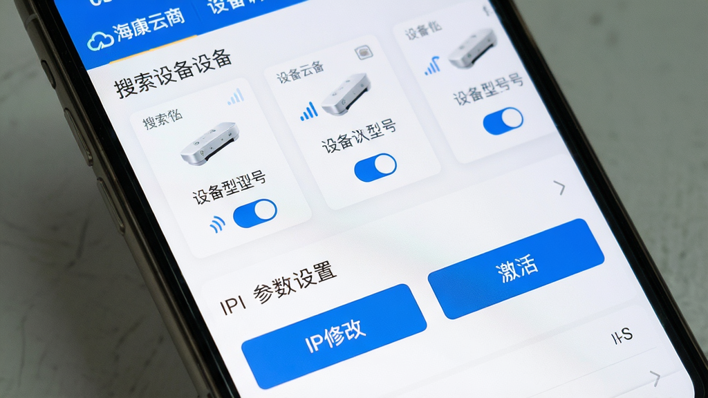 ���������豸���Թ���չʾ������Ϊ�ֻ���Ļ��д����������ʾ�豸�б��Ͳ������ý��棬�С��������̡���־����ɫ��������Ϊ���½ṹ���Ϸ������������豸��Ƭ���·���IP�޸ĺͼ��ť�����Ϊרҵ������Ӧ�ý��棬ϸ�ڰ����ź�ǿ��ͼ�ꡢ�豸�ͺ����֡����ذ�ť�������������ɾ�����