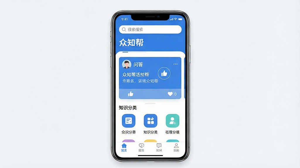 一张展示“众知帮”手机应用主界面的图片,画面中央是一部竖屏智能手机,屏幕内显示众知帮应用首页,顶部有搜索框和“众知帮”文字标识,下方是问答卡片和知识分类图标,整体布局清晰,风格为现代简约的扁平化UI设计,色调以蓝色和白色为主,细节包含头像、点赞按钮和标签栏,画质清晰,画面干净,无多余元素。
