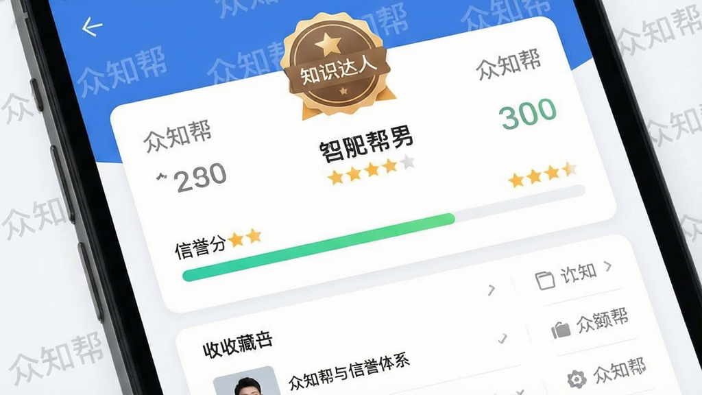 一张展示“众知帮”积分与信誉体系界面的图片,画面中是一部手机屏幕特写,屏幕内显示用户个人主页,包含“知识达人”徽章、积分数字、信誉分进度条和收藏夹列表,背景有淡淡的“众知帮”水印文字,布局为上下结构,风格为清爽的卡片式设计,细节包含星级评分和标签按钮,画质清晰,画面干净,无多余元素。