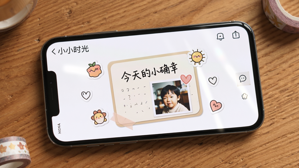 AI生图,画面展示一部手机平放在木纹桌面上,屏幕里是“小小时光”的图文编辑界面,中央有一张手账风格的卡片,卡片上有手写体文字“今天的小确幸”和一张小照片,周围散落着几张贴纸图标。布局为俯视角度,排版自然,风格温暖生活化,细节上木纹清晰、屏幕反光柔和,画质干净,无多余元素。