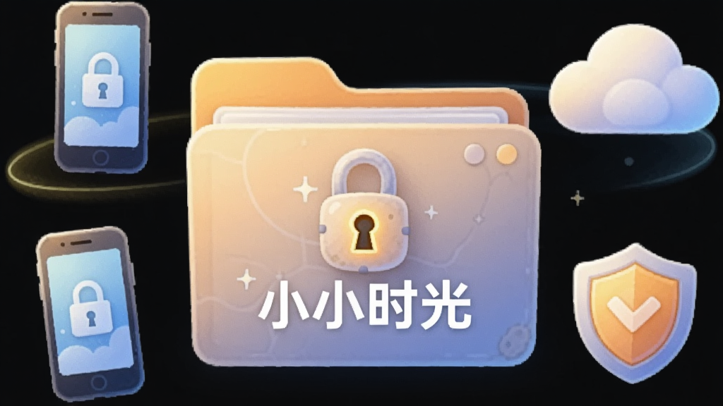 一幅AI插画,画面中央是一个带有锁形图标的文件夹,文件夹上写着“小小时光”,文件夹周围环绕着手机、云朵和盾牌图标,象征本地加密与备份。布局对称,排版简洁,风格科技感与温馨感结合,细节上锁孔有微光,云朵边缘柔和,画质干净,无多余元素。