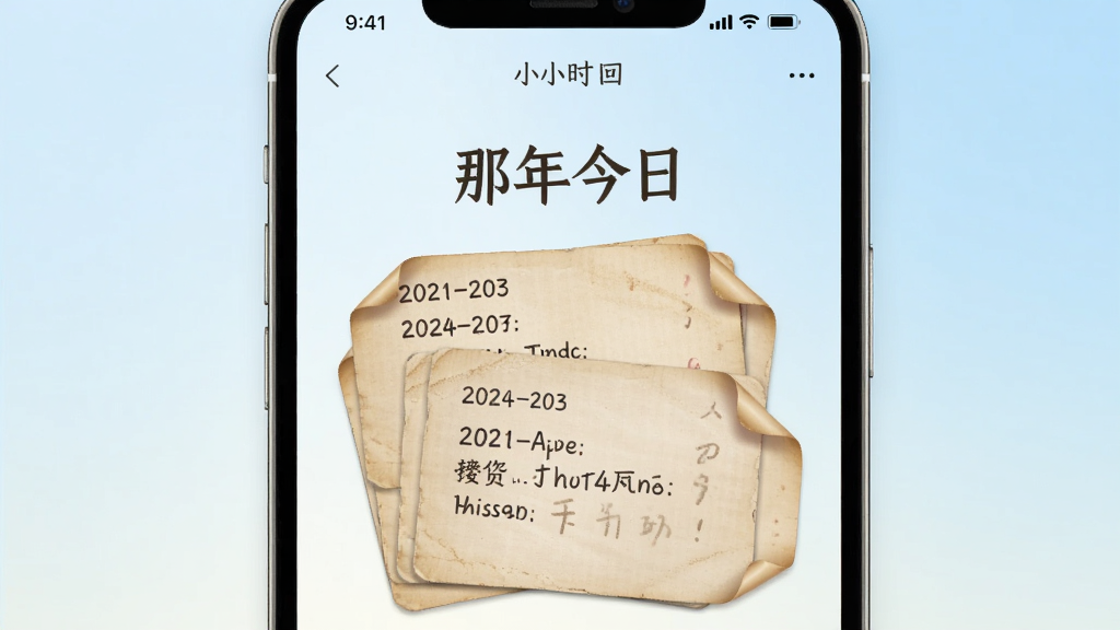 AI生图,画面展示手机屏幕显示“小小时光”的回顾页面,标题为“那年今日”,下方是几张旧日卡片叠放,卡片上有日期和简短文字,背景是淡蓝色渐变。布局居中,排版错落有致,风格怀旧温馨,细节上卡片有轻微卷角效果,画质干净,无多余元素。