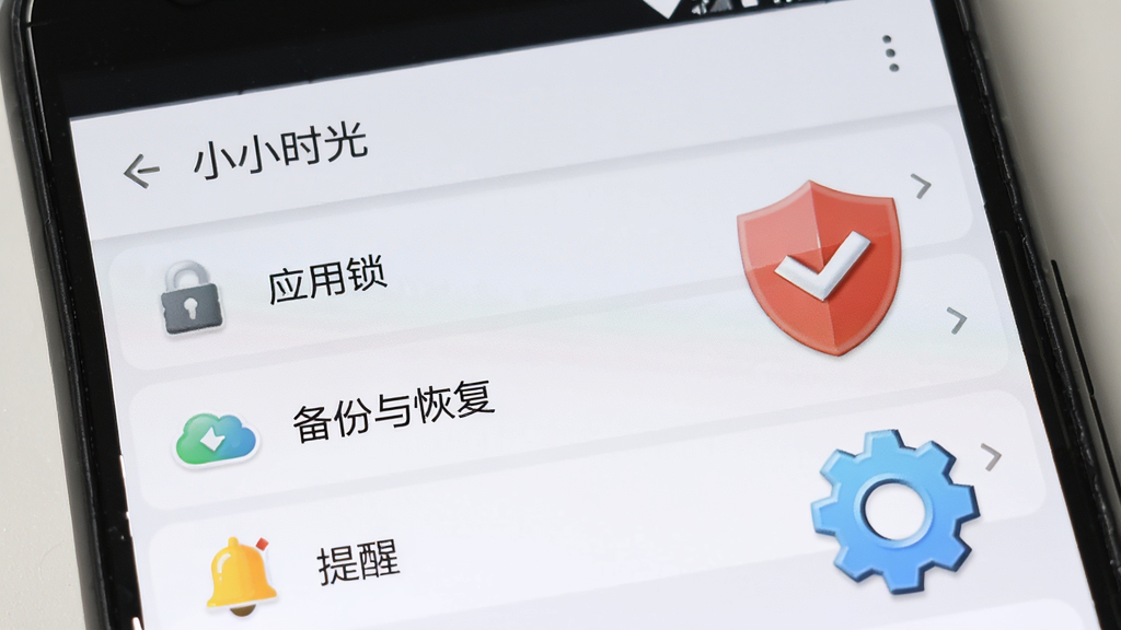 AI生图,画面展示一部安卓手机屏幕显示“小小时光”的设置页面,页面中有“应用锁”“备份与恢复”“提醒”等选项,旁边有一个红色盾牌图标和蓝色齿轮图标。布局为手机正面特写,排版清晰,风格实用教程风,细节上图标有轻微立体感,画质干净,无多余元素。
