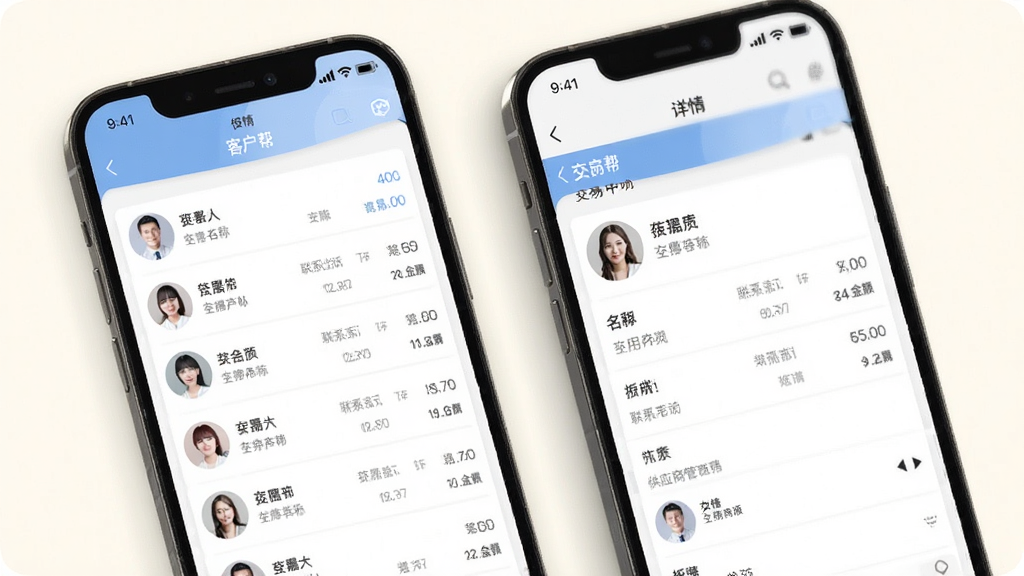�����ͻ��빩Ӧ�̹�������չʾ���������ֻ���Ļ��ʾ�ͻ��б�������ҳ�棬����ͷ�����ơ���ϵ�绰�뽻�׽�����Ϊ����װ�ɫ������Ϊ�б�ʽ��ͼ�����Ϊ��Լ����磬ϸ�����������ʸɾ����޶���Ԫ��