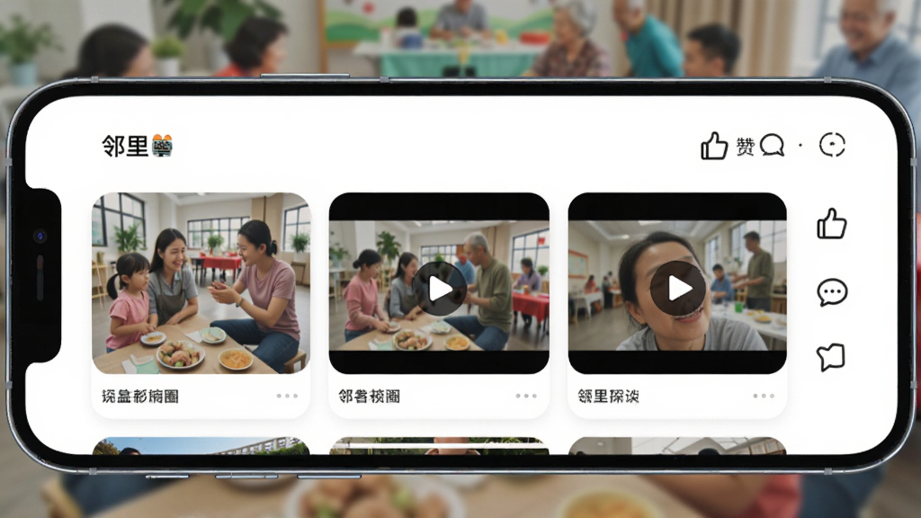 һ���ֻ�����չʾ�����APP��Ȧ��ҳ�棬��ͼƬ����Ƶ����ͼ���Ա��е��޺�����ͼ�ꡣ������ģ������������������Ϊ�ִ��罻Ӧ��չʾͼ��ϸ�ڰ�������������ͼ��Բ�Ǳ߿򣬻��ʸ��壬�ɾ����޶���Ԫ�ء�