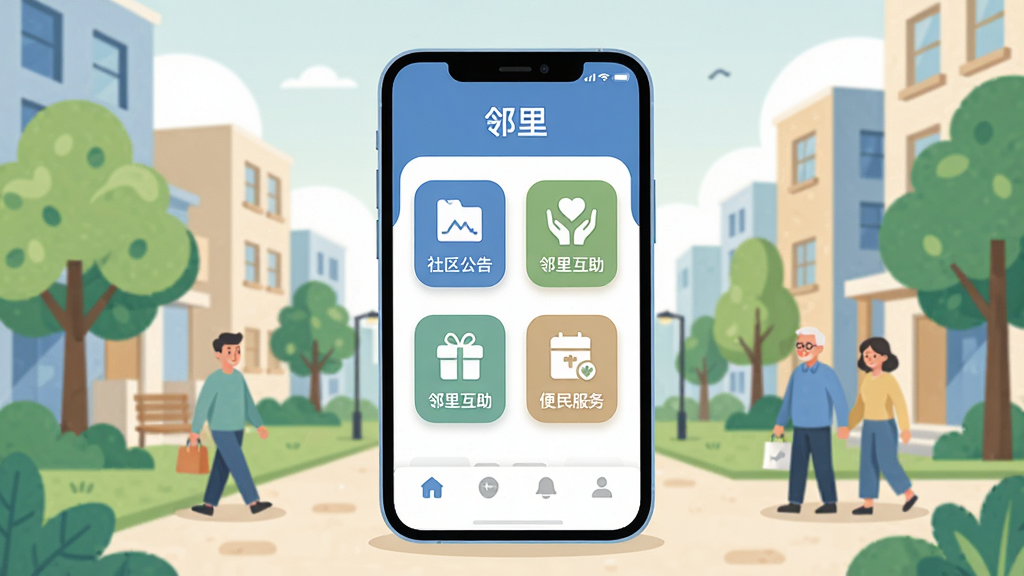 ����������һ�������ֻ�����Ļ����ʾ�����APP�������棬���������������桢���ﻥ������������ͼ�ꡣ��������ܰ���ִ�С����������������¥����ɢ���ľ������岼�ּ�����������Ϊ��ƽ���廭��ƣ�ɫ����ů����ǳ��Ϊ����ϸ�ڰ���Բ��ͼ��������Ӱ�����ʸ��壬�ɾ����޶���Ԫ�ء�