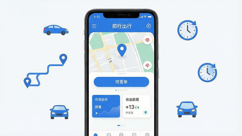 一张手机应用界面展示图,画面中央是一部竖屏安卓手机,屏幕上显示“前行出行”司机端首页界面,包含地图定位、接单按钮、收益数据卡片等元素,手机周围散布着汽车、导航路线、时钟等小图标,布局简洁清晰,排版以手机为主体居中展示,风格为现代扁平化科技风,细节上突出蓝色主色调与白色卡片,画质高清,画面干净,无多余元素